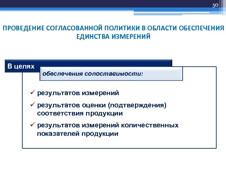 50 ПРОВЕДЕНИЕ СОГЛАСОВАННОЙ ПОЛИТИКИ В ОБЛАСТИ ОБЕСПЕЧЕНИЯ ЕДИНСТВА ИЗМЕРЕНИЙ В целях обеспечения сопоставимости: ü