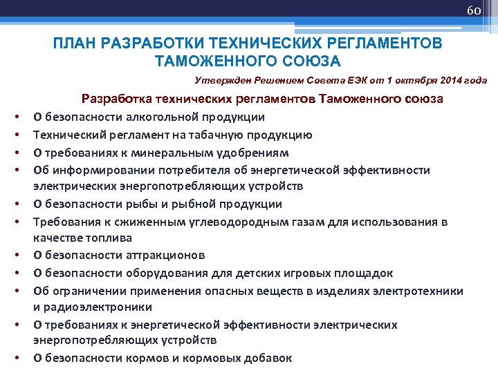 60 ПЛАН РАЗРАБОТКИ ТЕХНИЧЕСКИХ РЕГЛАМЕНТОВ ТАМОЖЕННОГО СОЮЗА Утвержден Решением Совета ЕЭК от 1 октября