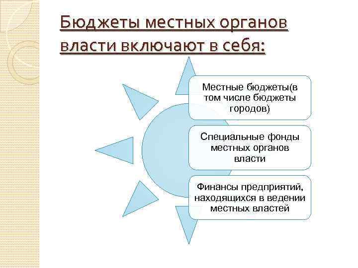 Бюджеты местных органов власти включают в себя: Местные бюджеты(в том числе бюджеты городов) Специальные