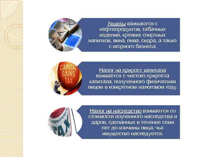 Акцизы взимаются с нефтепродуктов, табачных изделий, крепких спиртных напитков, вина, пива, сидра, а также