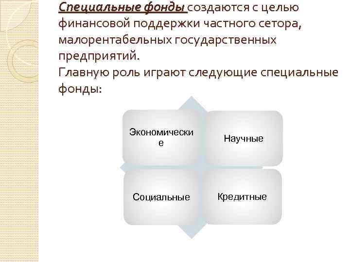 Специальные фонды создаются с целью финансовой поддержки частного сетора, малорентабельных государственных предприятий. Главную роль