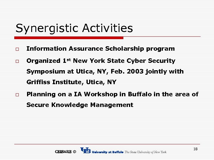 Synergistic Activities o Information Assurance Scholarship program o Organized 1 st New York State