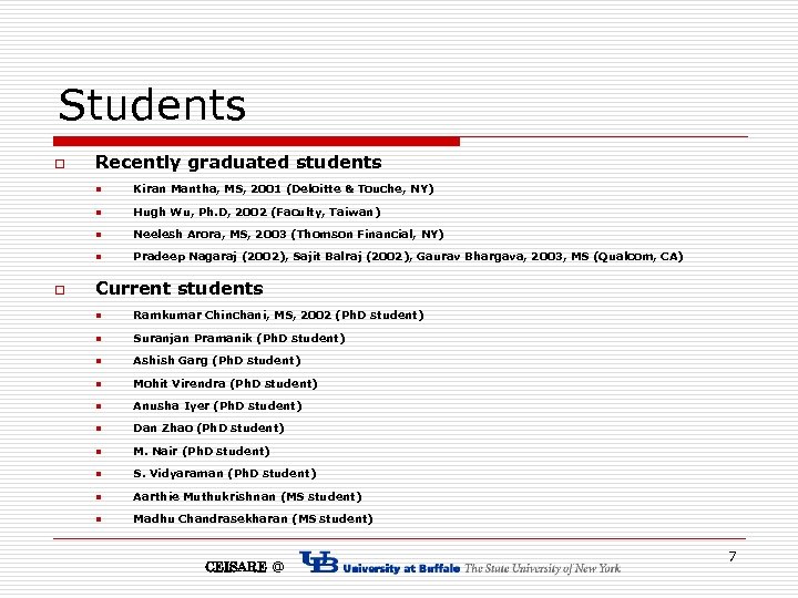 Students o Recently graduated students n n Hugh Wu, Ph. D, 2002 (Faculty, Taiwan)