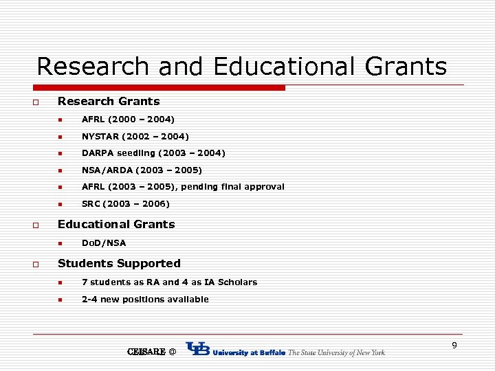 Research and Educational Grants o Research Grants n n NYSTAR (2002 – 2004) n
