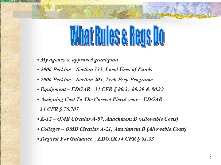  • My agency’s approved grant/plan • 2006 Perkins – Section 135, Local Uses