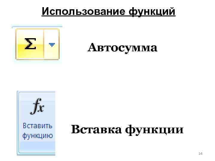 Использование функций Автосумма Вставка функции 14 