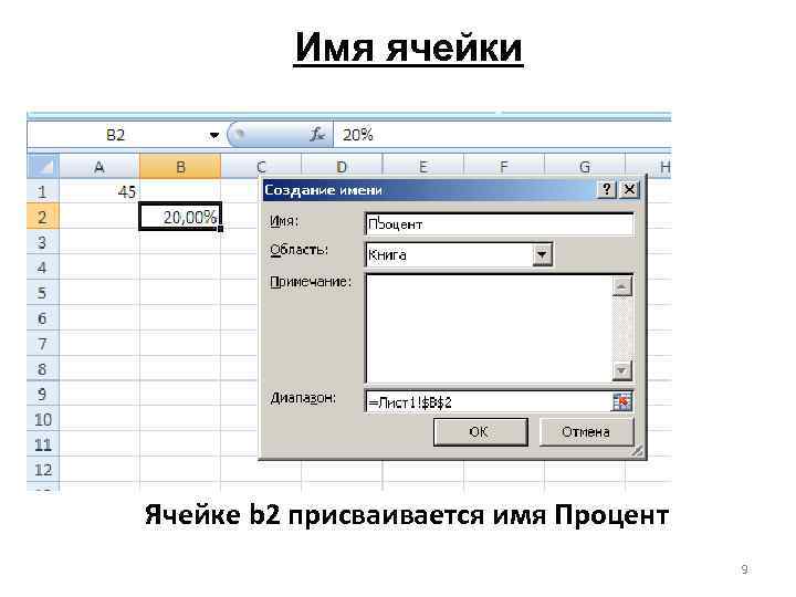 Имя ячейки Ячейке b 2 присваивается имя Процент 9 