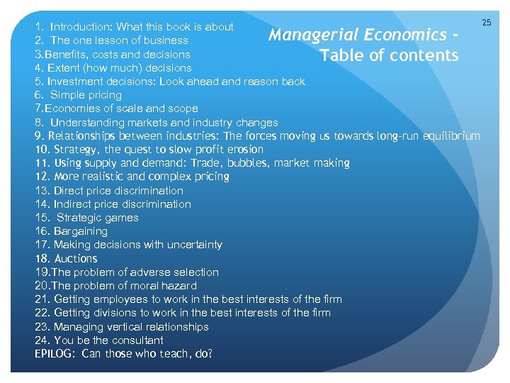 25 1. Introduction: What this book is about Managerial Economics 2. The one lesson