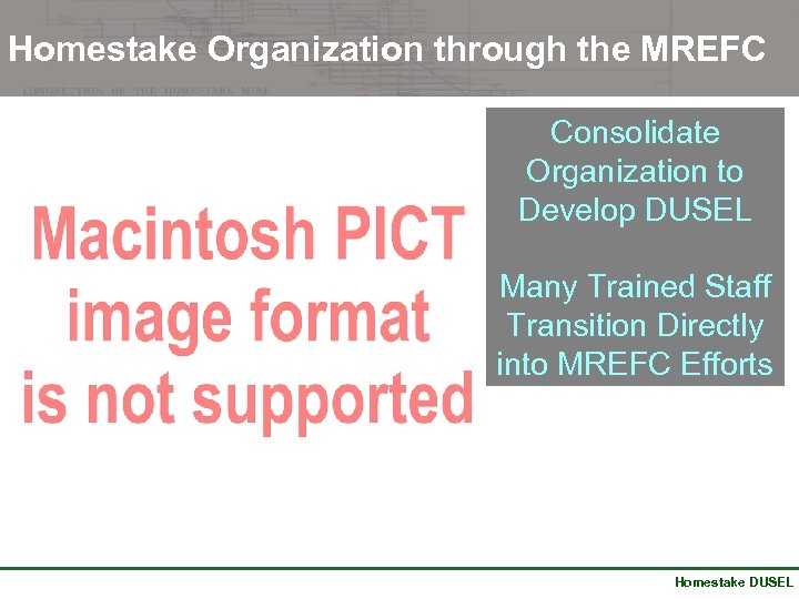 Homestake Organization through the MREFC Consolidate Organization to Develop DUSEL Many Trained Staff Transition
