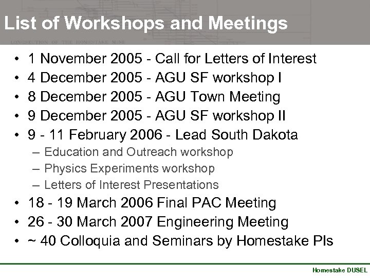 List of Workshops and Meetings • • • 1 November 2005 - Call for
