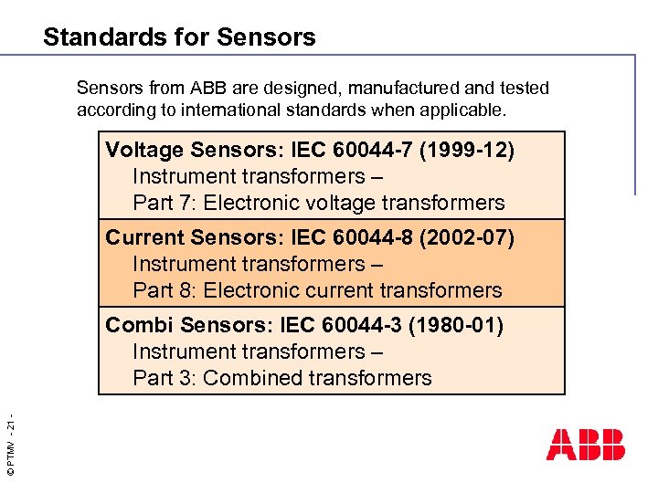Standards for Sensors from ABB are designed, manufactured and tested according to international standards
