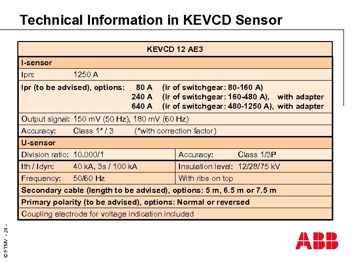 Technical Information in KEVCD Sensor KEVCD 12 AE 3 I-sensor Ipn: 1250 A Ipr