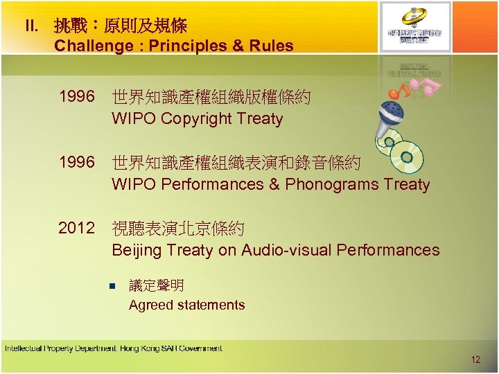 II. 挑戰︰原則及規條 Challenge : Principles & Rules 1996 世界知識產權組織版權條約 WIPO Copyright Treaty 1996 世界知識產權組織表演和錄音條約