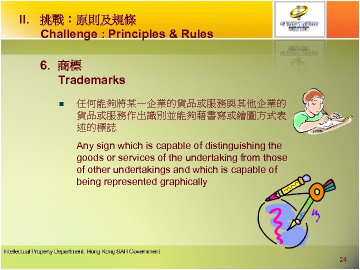 II. 挑戰︰原則及規條 Challenge : Principles & Rules 6. 商標 Trademarks n 任何能夠將某一企業的貨品或服務與其他企業的 貨品或服務作出識別並能夠藉書寫或繪圖方式表 述的標誌