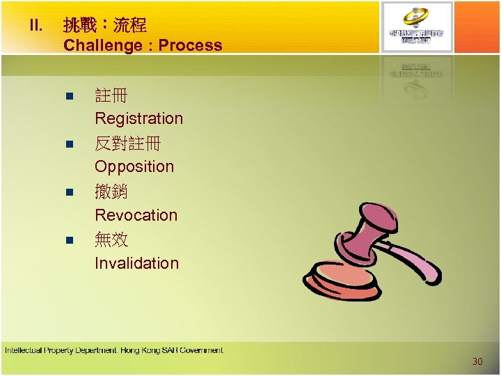 II. 挑戰︰流程 Challenge : Process n n 註冊 Registration 反對註冊 Opposition 撤銷 Revocation 無效