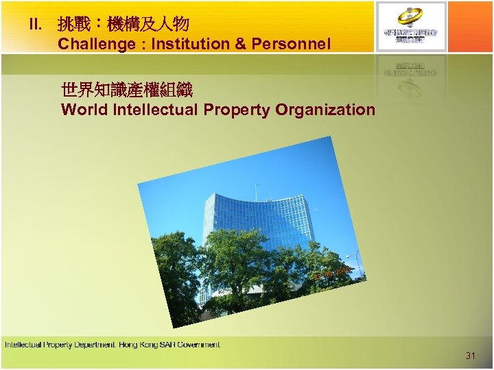 II. 挑戰︰機構及人物 Challenge : Institution & Personnel 世界知識產權組織 World Intellectual Property Organization 31 