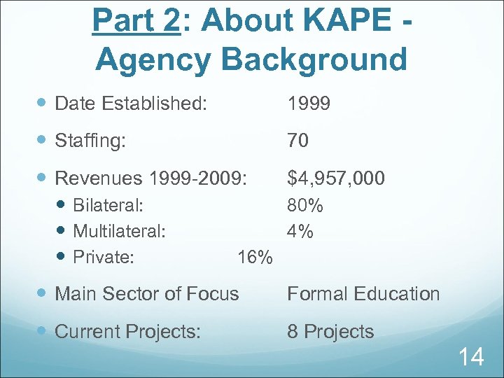 Part 2: About KAPE Agency Background Date Established: 1999 Staffing: 70 Revenues 1999 -2009: