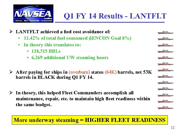 Q 1 FY 14 Results - LANTFLT Ø LANTFLT achieved a fuel cost avoidance