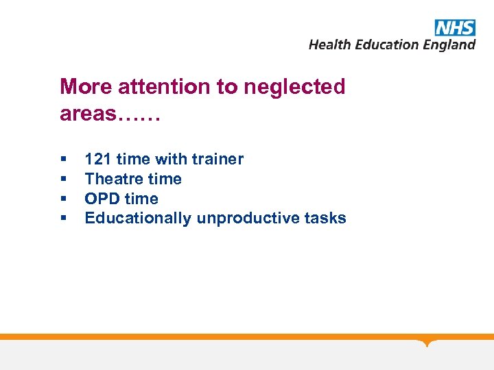 More attention to neglected areas…… § § 121 time with trainer Theatre time OPD