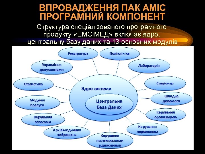 ВПРОВАДЖЕННЯ ПАК АМІС ПРОГРАМНИЙ КОМПОНЕНТ Структура спеціалізованого програмного продукту «ЕМСіМЕД» включає ядро, центральну базу