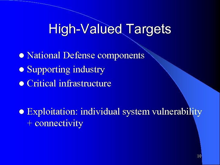 High-Valued Targets l National Defense components l Supporting industry l Critical infrastructure l Exploitation: