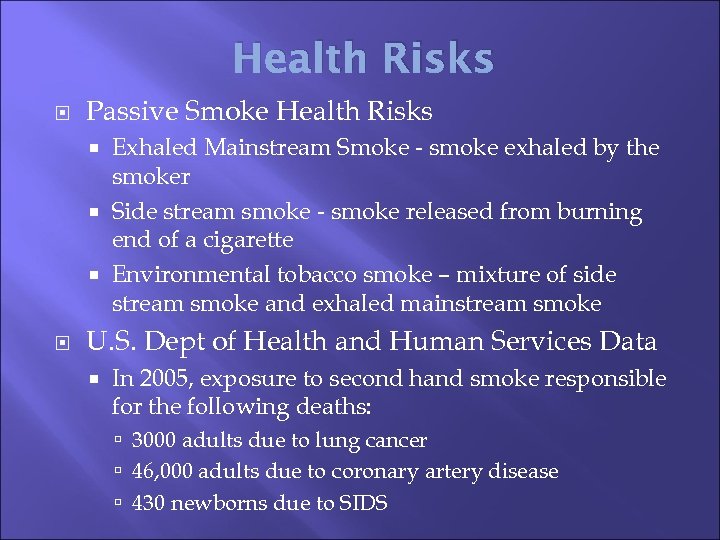 Health Risks Passive Smoke Health Risks Exhaled Mainstream Smoke - smoke exhaled by the
