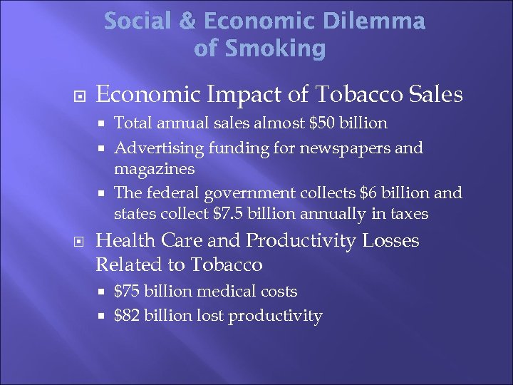 Social & Economic Dilemma of Smoking Economic Impact of Tobacco Sales Total annual sales