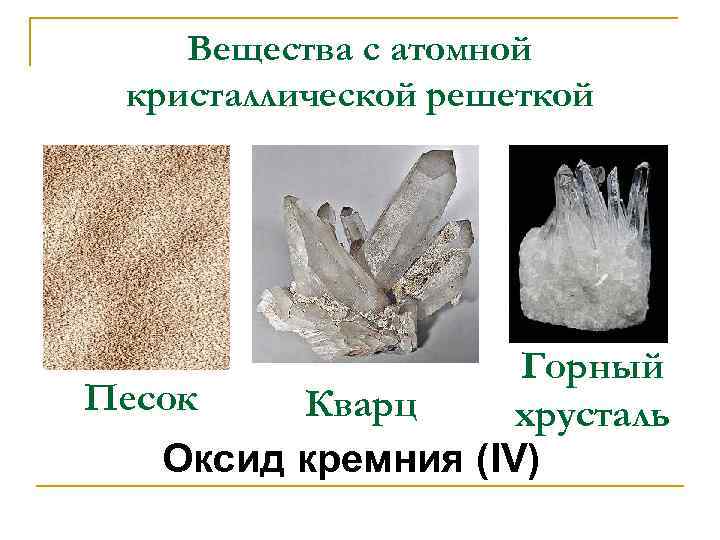 Вещества с атомной кристаллической решеткой Горный Песок Кварц хрусталь Оксид кремния (IV) 