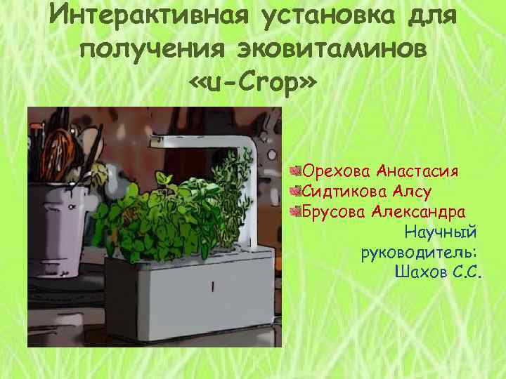 Интерактивная установка для получения эковитаминов «u-Crop» Орехова Анастасия Сидтикова Алсу Брусова Александра Научный руководитель: