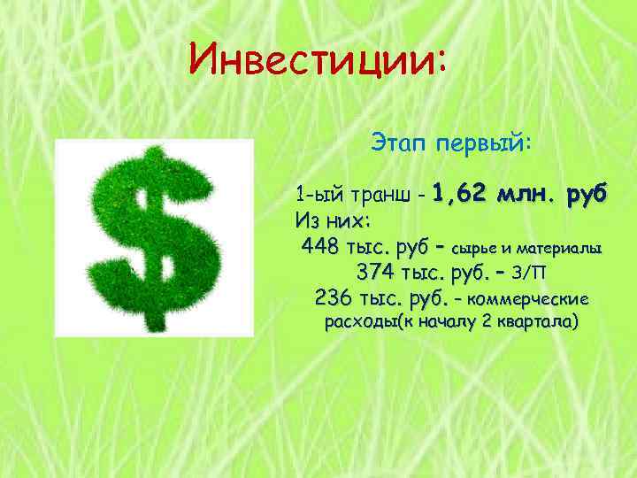 Инвестиции: Этап первый: 1 -ый транш – 1, 62 млн. руб Из них: 448