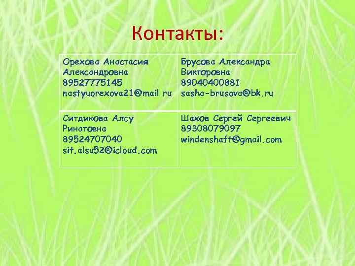 Контакты: Орехова Анастасия Александровна 89527775145 nastyuorexova 21@mail ru Брусова Александра Викторовна 89040400881 sasha-brusova@bk. ru