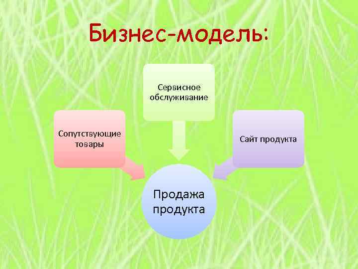 Бизнес-модель: Сервисное обслуживание Сопутствующие товары Сайт продукта Продажа продукта 