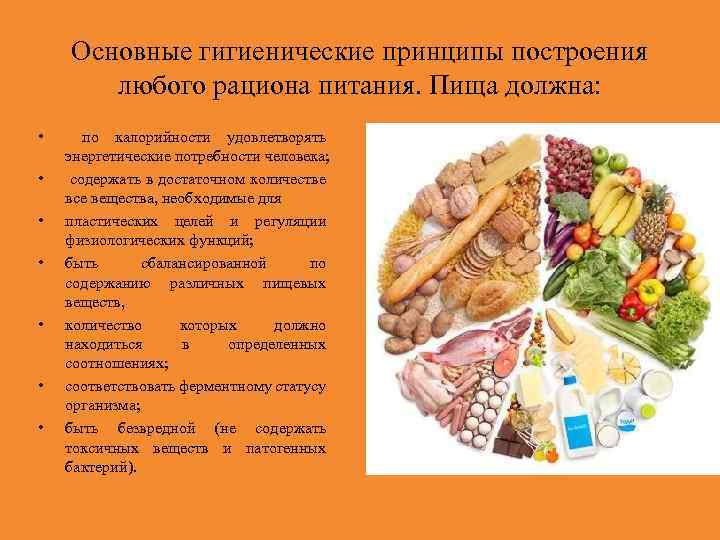 Основные гигиенические принципы построения любого рациона питания. Пища должна: • • по калорийности удовлетворять