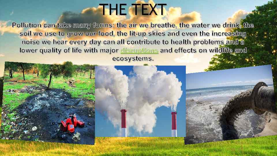 THE TEXT Pollution can take many forms: the air we breathe, the water we