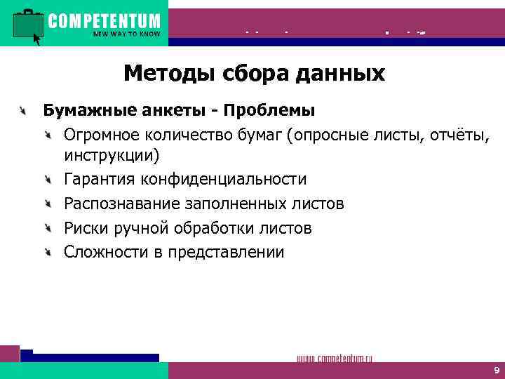 Метод оценки 360 градусов Методы сбора данных Бумажные анкеты - Проблемы Огромное количество бумаг