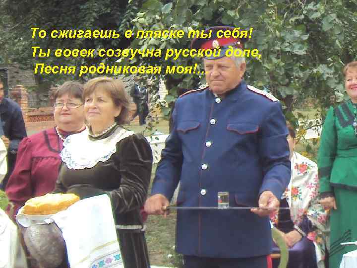 То сжигаешь в пляске ты себя! Ты вовек созвучна русской доле, Песня родниковая моя!.
