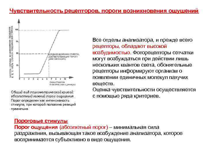 Чувствительность рецепторов, пороги возникновения ощущений Общий вид психометрической кривой: абсолютный нижний порог ощущения. Порог