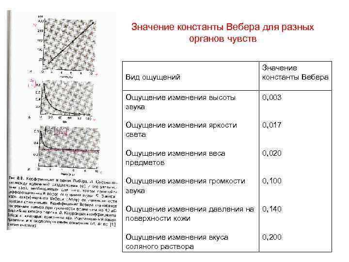 Значение константы Вебера для разных органов чувств Вид ощущений Значение константы Вебера Ощущение изменения