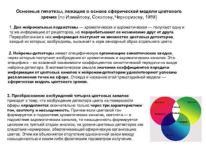 Основные гипотезы, лежащие в основе сферической модели цветового зрения (по Измайлову, Соколову, Черноризову, 1989)