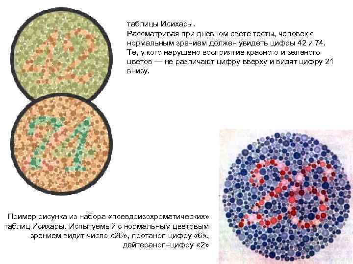 таблицы Исихары. Рассматривая при дневном свете тесты, человек с нормальным зрением должен увидеть цифры