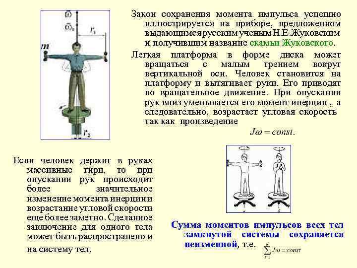 Сохранение моментов. Скамья Жуковского закон сохранения момента импульса. Момент импульса скамьи Жуковского. Закон сохранения импульса момент инерции. Закон сохранения момента импульса рисунок.