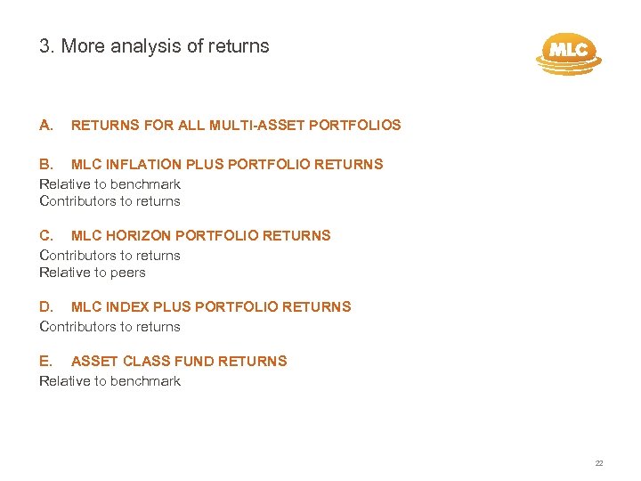 3. More analysis of returns A. RETURNS FOR ALL MULTI-ASSET PORTFOLIOS B. MLC INFLATION