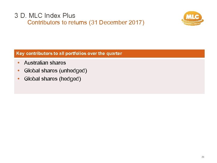 3 D. MLC Index Plus Contributors to returns (31 December 2017) Key contributors to