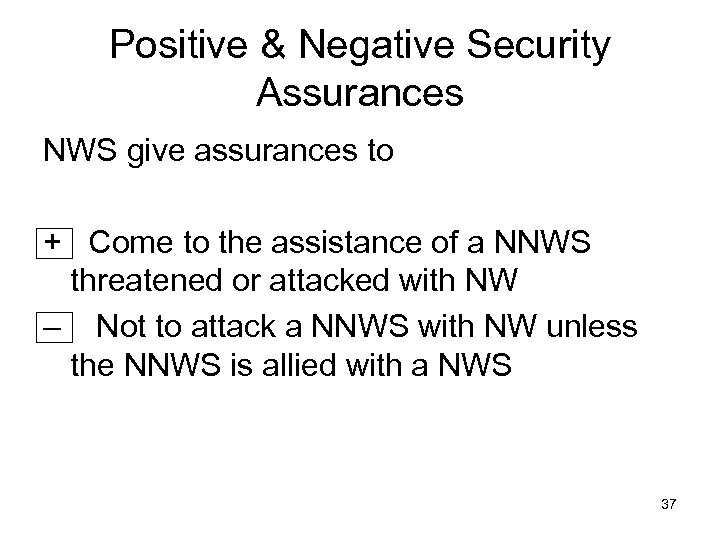 Positive & Negative Security Assurances NWS give assurances to + Come to the assistance