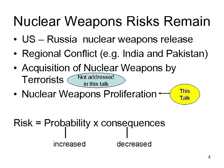 Nuclear Weapons Risks Remain • US – Russia nuclear weapons release • Regional Conflict