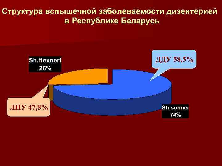Структура вспышечной заболеваемости дизентерией в Республике Беларусь ДДУ 58, 5% ЛПУ 47, 8% 