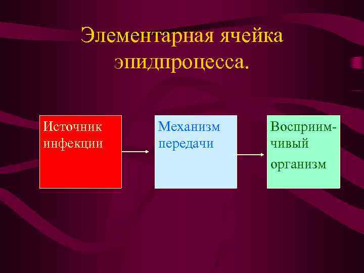 Элементарная ячейка эпидпроцесса. Источник инфекции Механизм передачи Восприимчивый организм 