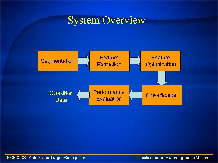 System Overview Segmentation Classified Data Feature Extraction Feature Optimization Performance Evaluation Classification ECE 8990: