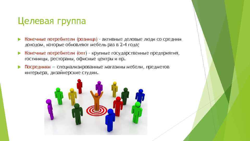 Целевая группа Конечные потребители (розница) – активные деловые люди со средним доходом, которые обновляют