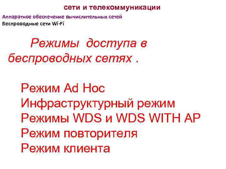 сети и телекоммуникации Аппаратное обеспечение вычислительных сетей Беспроводные сети Wi-Fi Режимы доступа в беспроводных